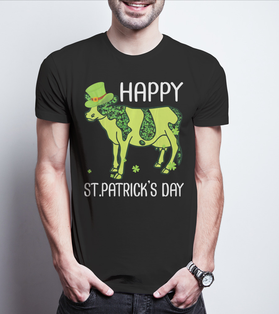 Happy St. Patrick's Day Shamrocks Cow Leprechaun T-Shirt