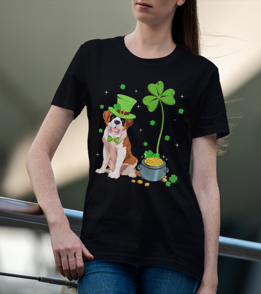Shamrock Leprechaun Saint Bernard St Patrick's Day Dog Pot Of Gold T-Shirt