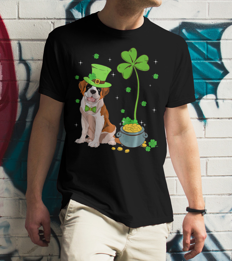 Shamrock Leprechaun Saint Bernard St Patrick's Day Dog Pot Of Gold T-Shirt