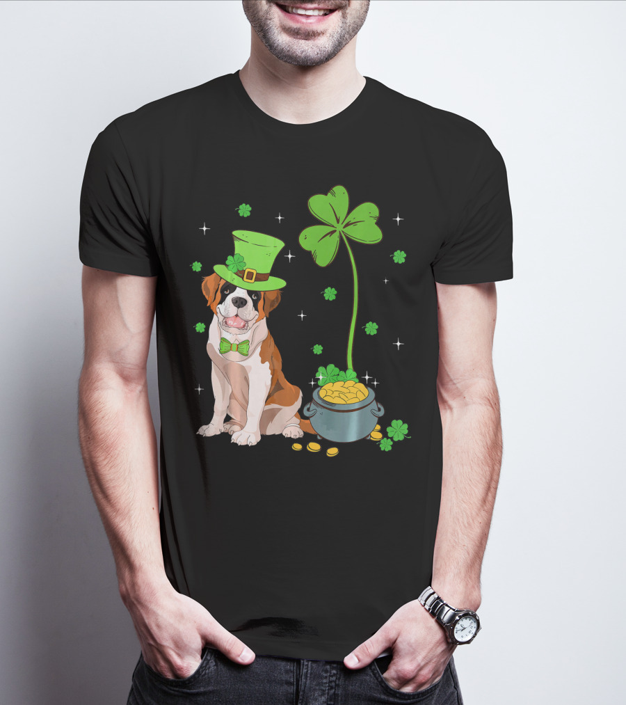 Shamrock Leprechaun Saint Bernard St Patrick's Day Dog Pot Of Gold T-Shirt