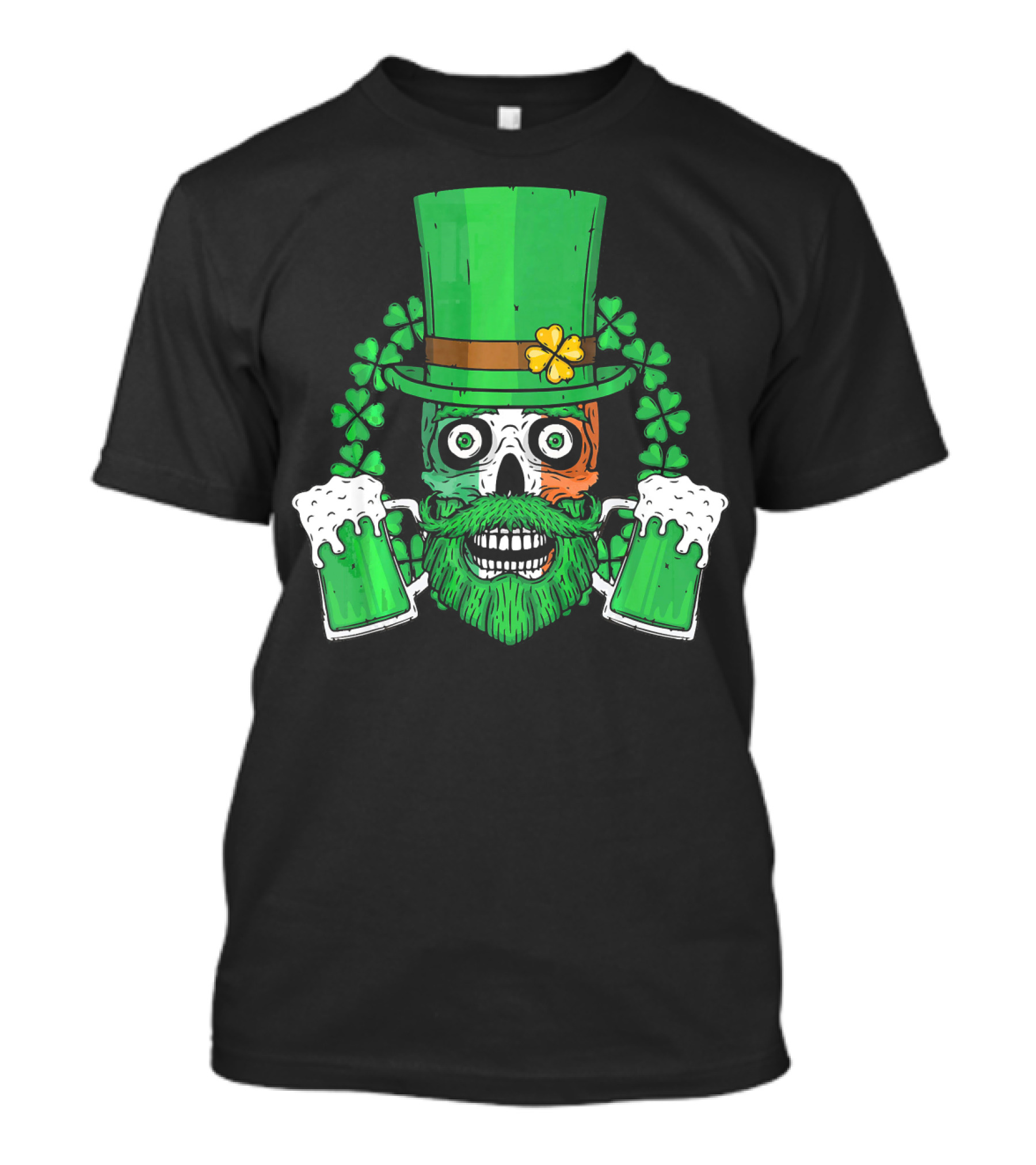 Irish Flag Leprechaun Skull With Shamrock And Beer Mugs T-Shirt