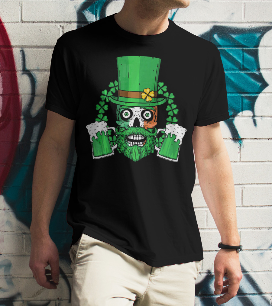 Irish Flag Leprechaun Skull With Shamrock And Beer Mugs T-Shirt