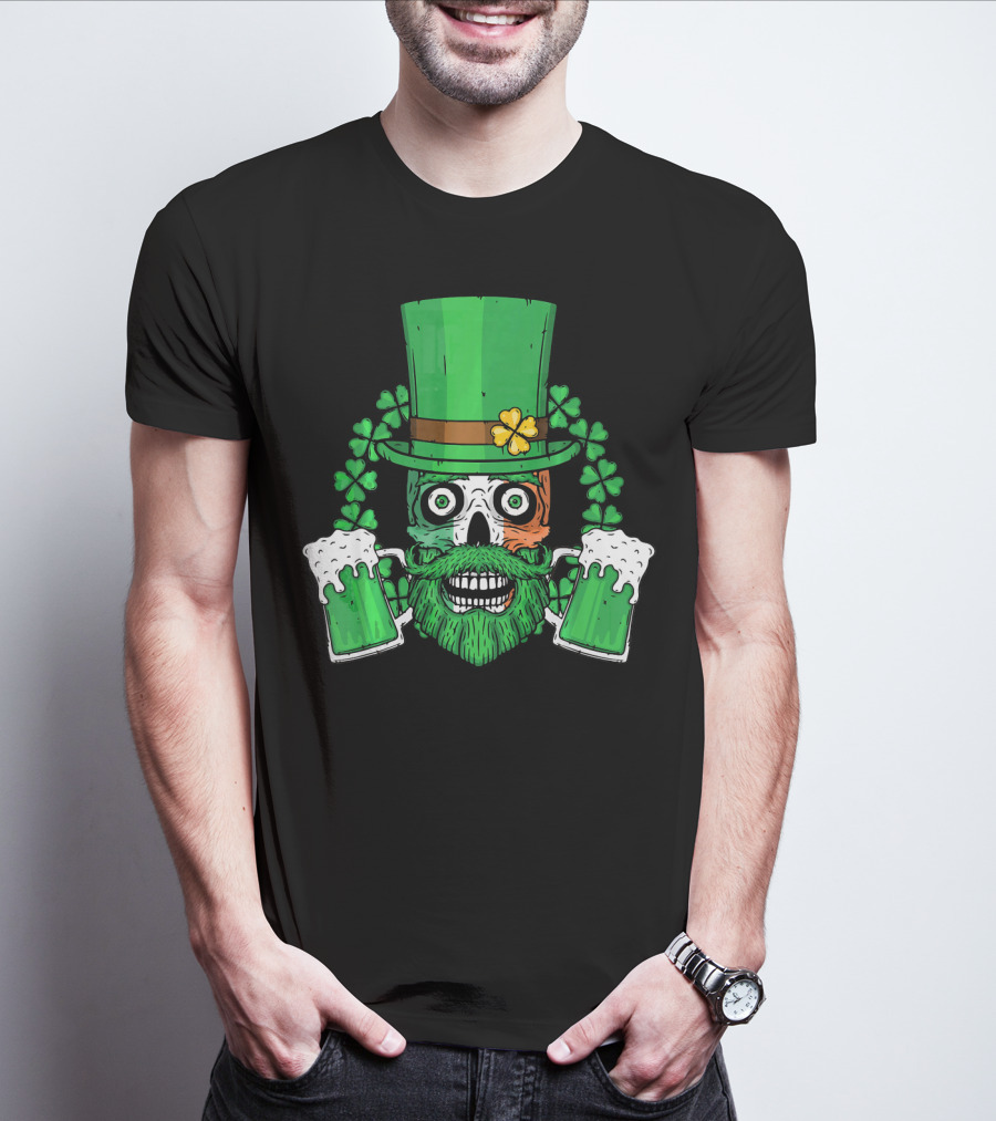 Irish Flag Leprechaun Skull With Shamrock And Beer Mugs T-Shirt