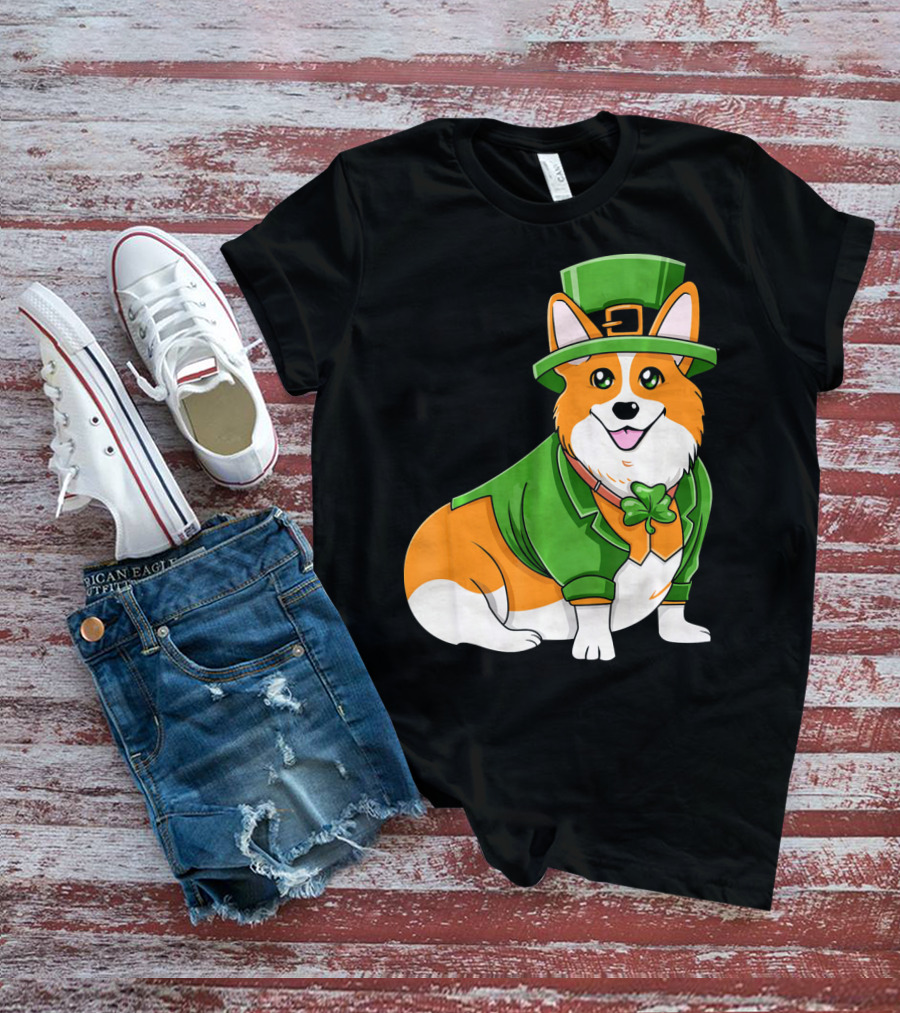 St Patricks Day Corgi Irish Dog In Leprechaun Hat And Green Suit T-Shirt