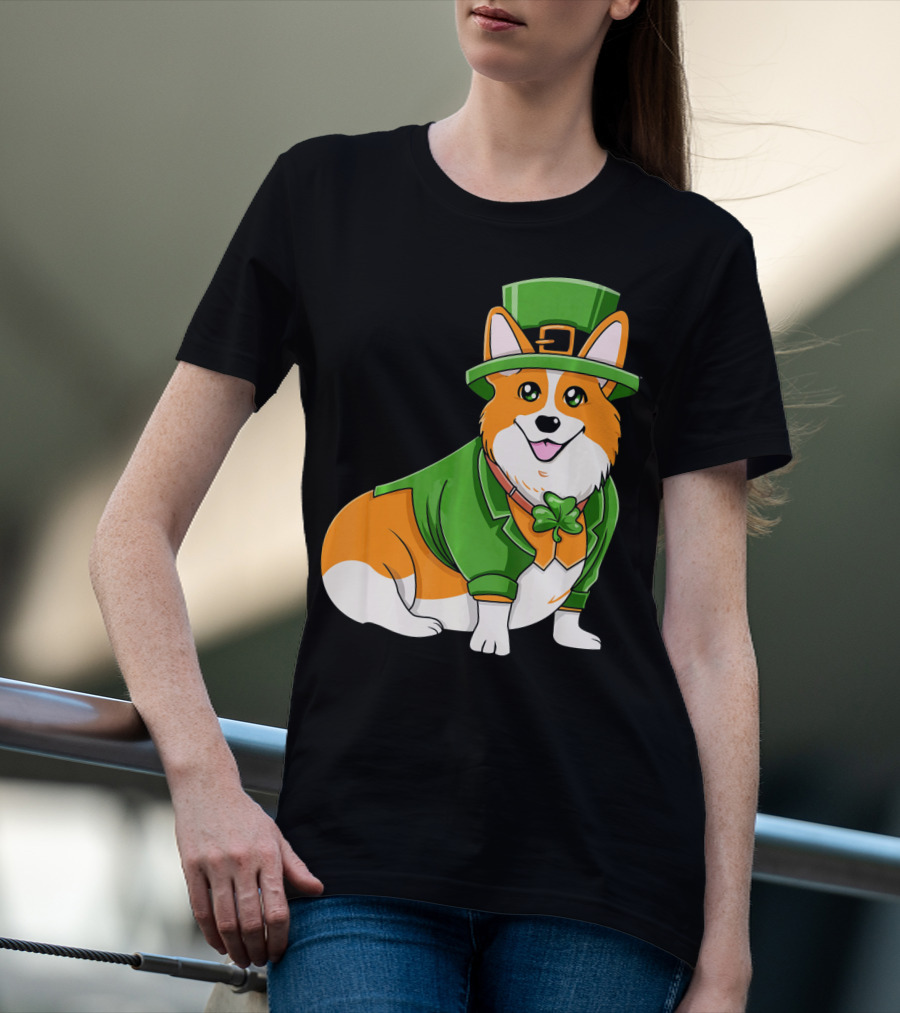 St Patricks Day Corgi Irish Dog In Leprechaun Hat And Green Suit T-Shirt