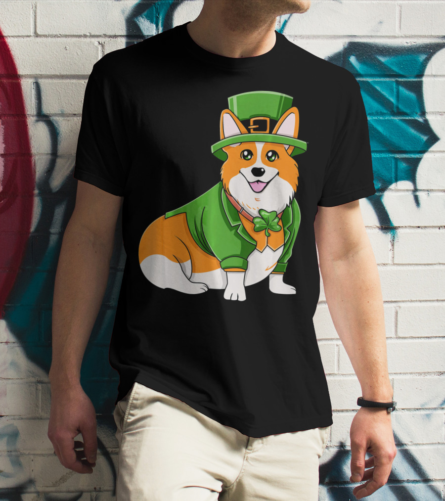 St Patricks Day Corgi Irish Dog In Leprechaun Hat And Green Suit T-Shirt