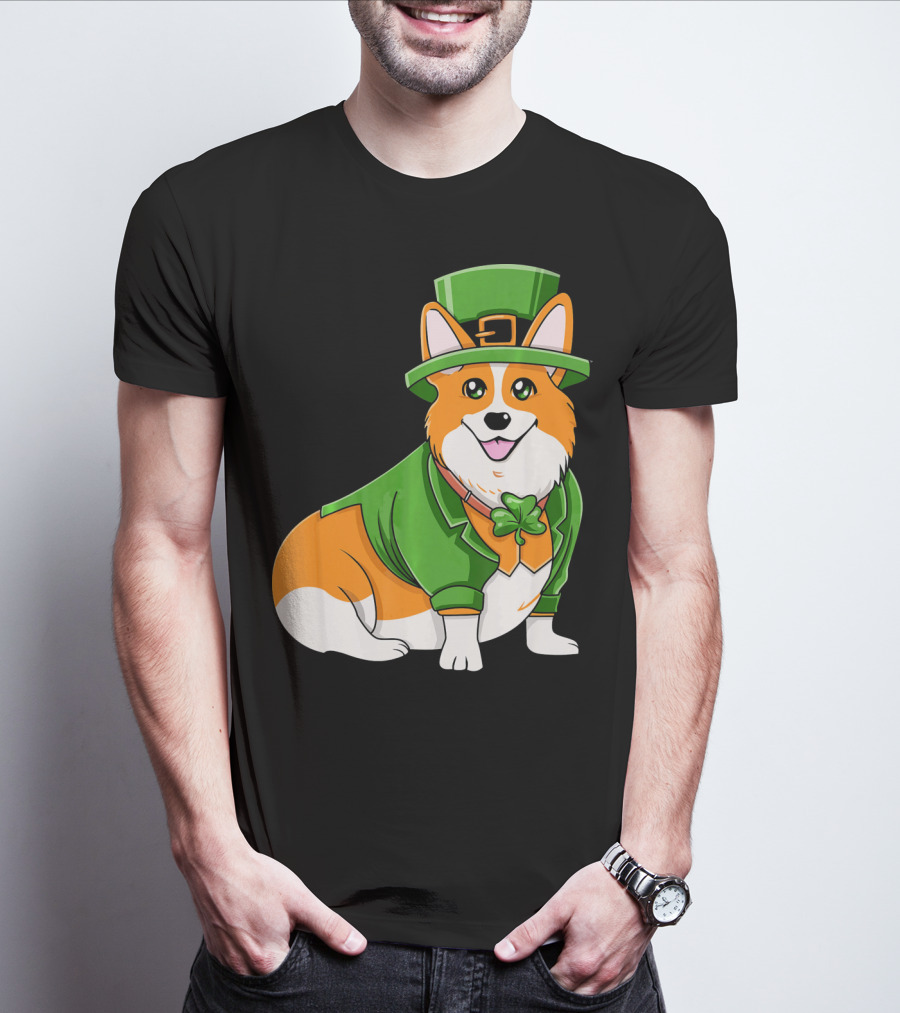 St Patricks Day Corgi Irish Dog In Leprechaun Hat And Green Suit T-Shirt