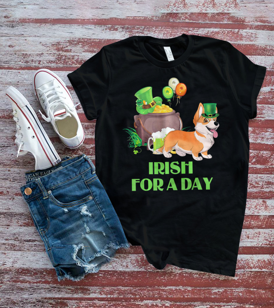 Irish For A Day Welsh Corgi Dog Leprechaun Pot Of Gold Balloons T-Shirt