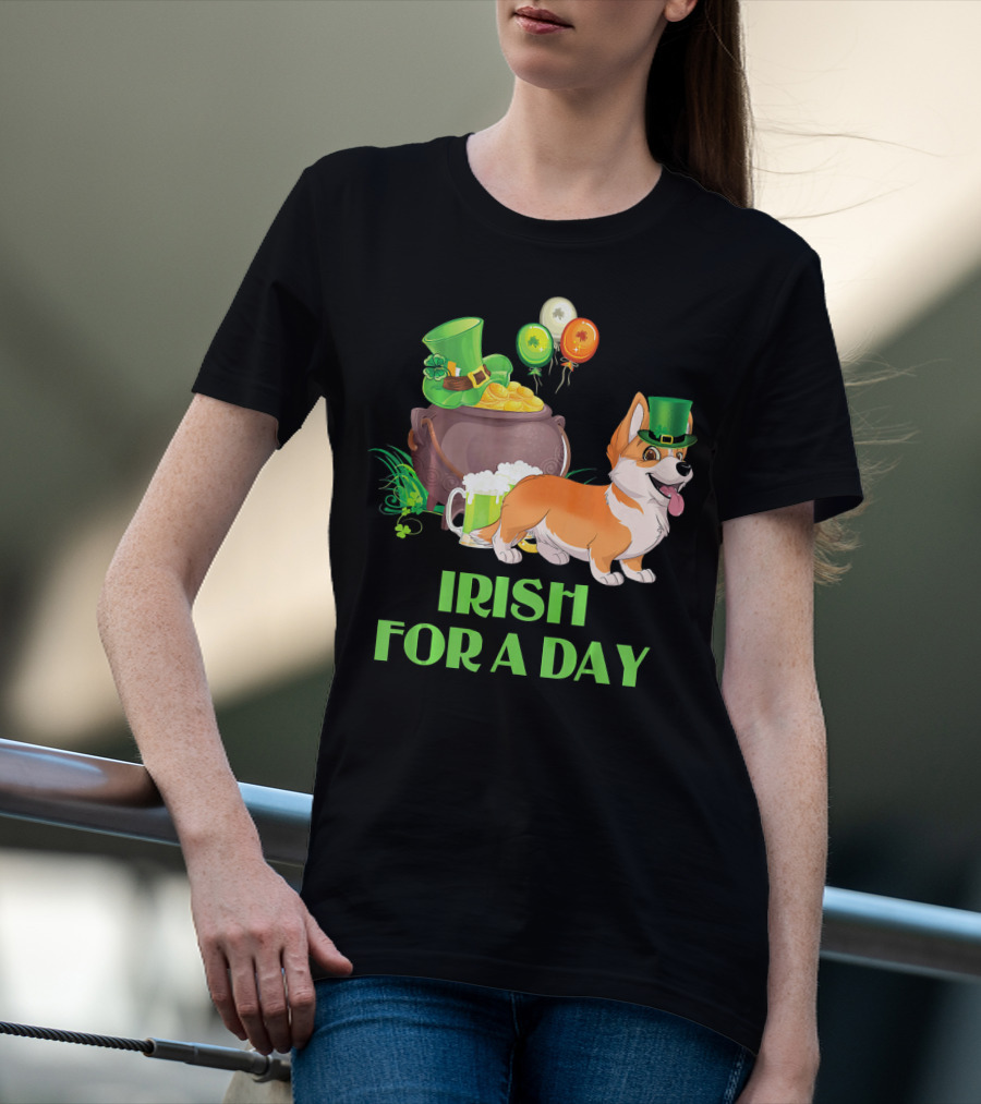 Irish For A Day Welsh Corgi Dog Leprechaun Pot Of Gold Balloons T-Shirt