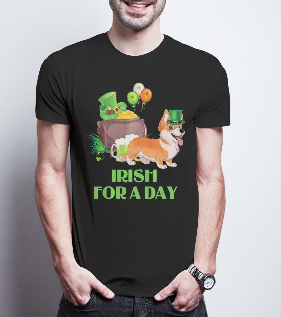 Irish For A Day Welsh Corgi Dog Leprechaun Pot Of Gold Balloons T-Shirt