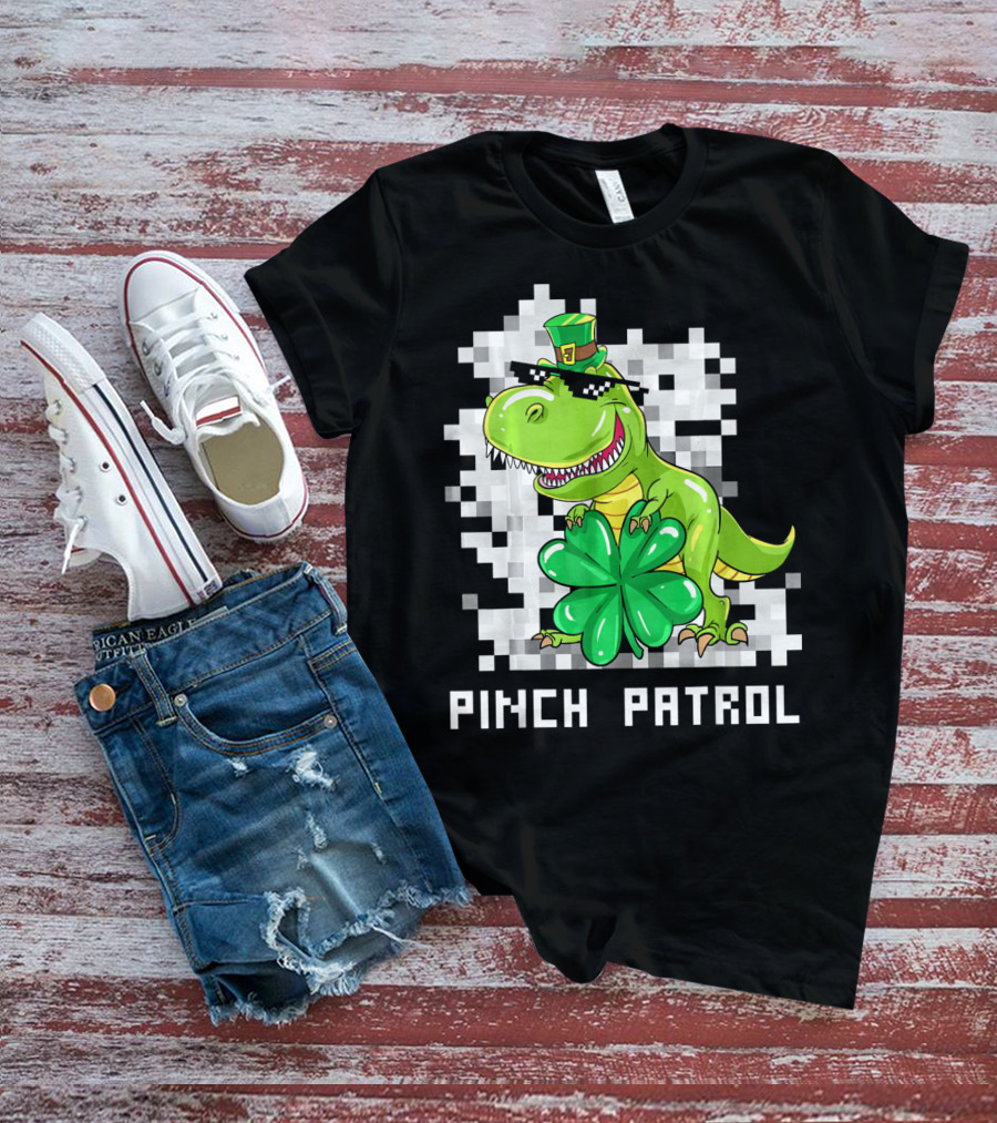St Patrick Day Dinosaur Pinch Patrol Pixelated Clover And Hat T-Shirt