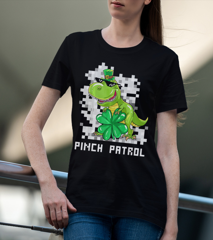 St Patrick Day Dinosaur Pinch Patrol Pixelated Clover And Hat T-Shirt