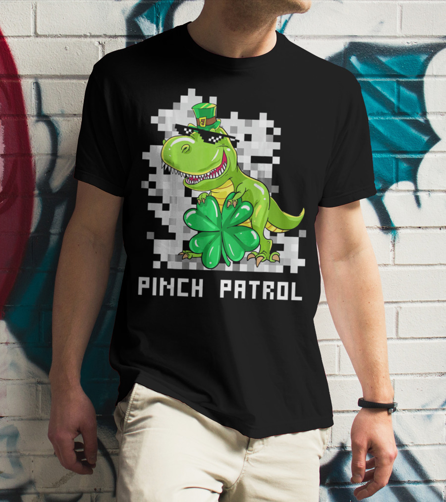 St Patrick Day Dinosaur Pinch Patrol Pixelated Clover And Hat T-Shirt