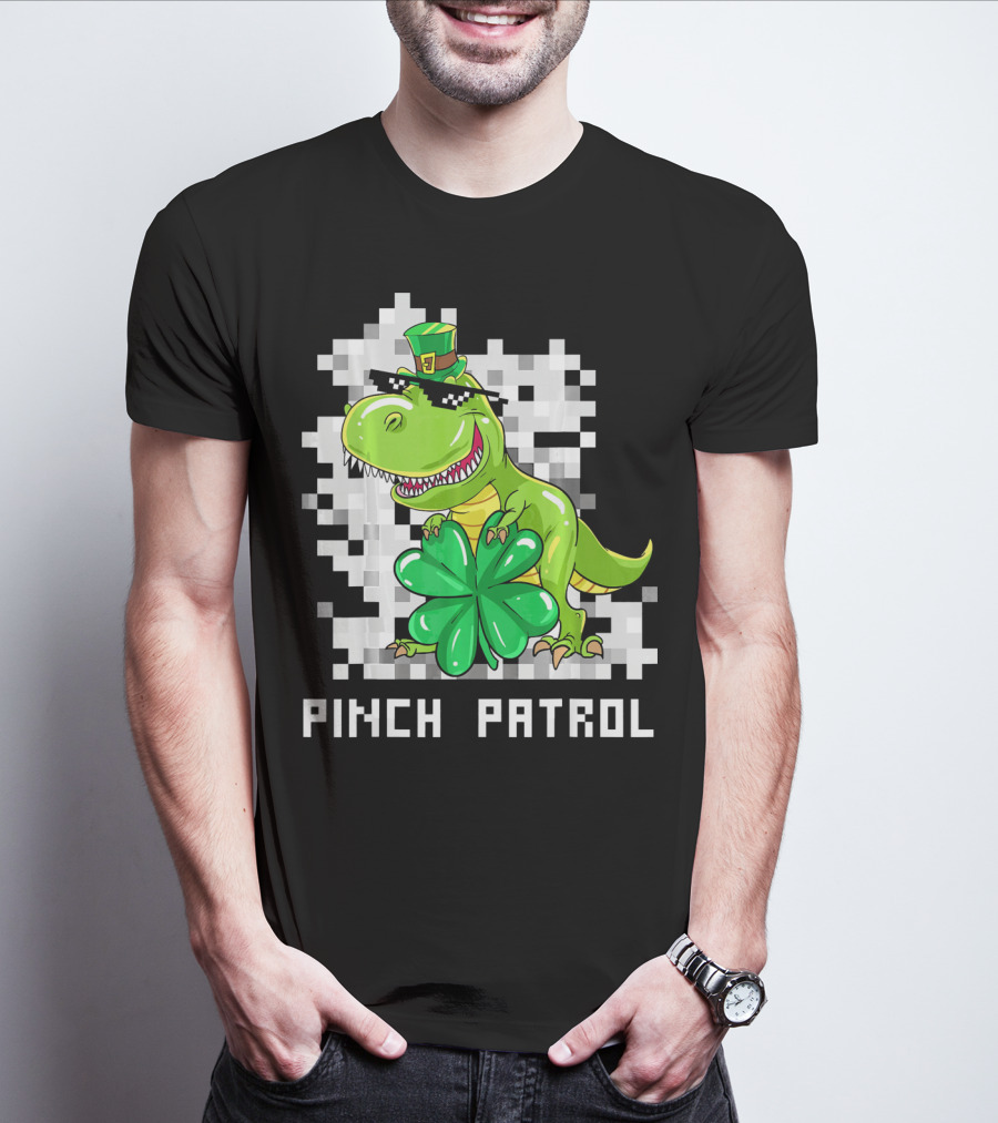St Patrick Day Dinosaur Pinch Patrol Pixelated Clover And Hat T-Shirt