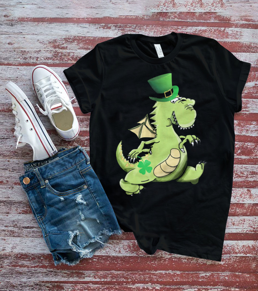 St Patrick's Day Dragon Wearing Leprechaun Hat With Shamrock T-Shirt