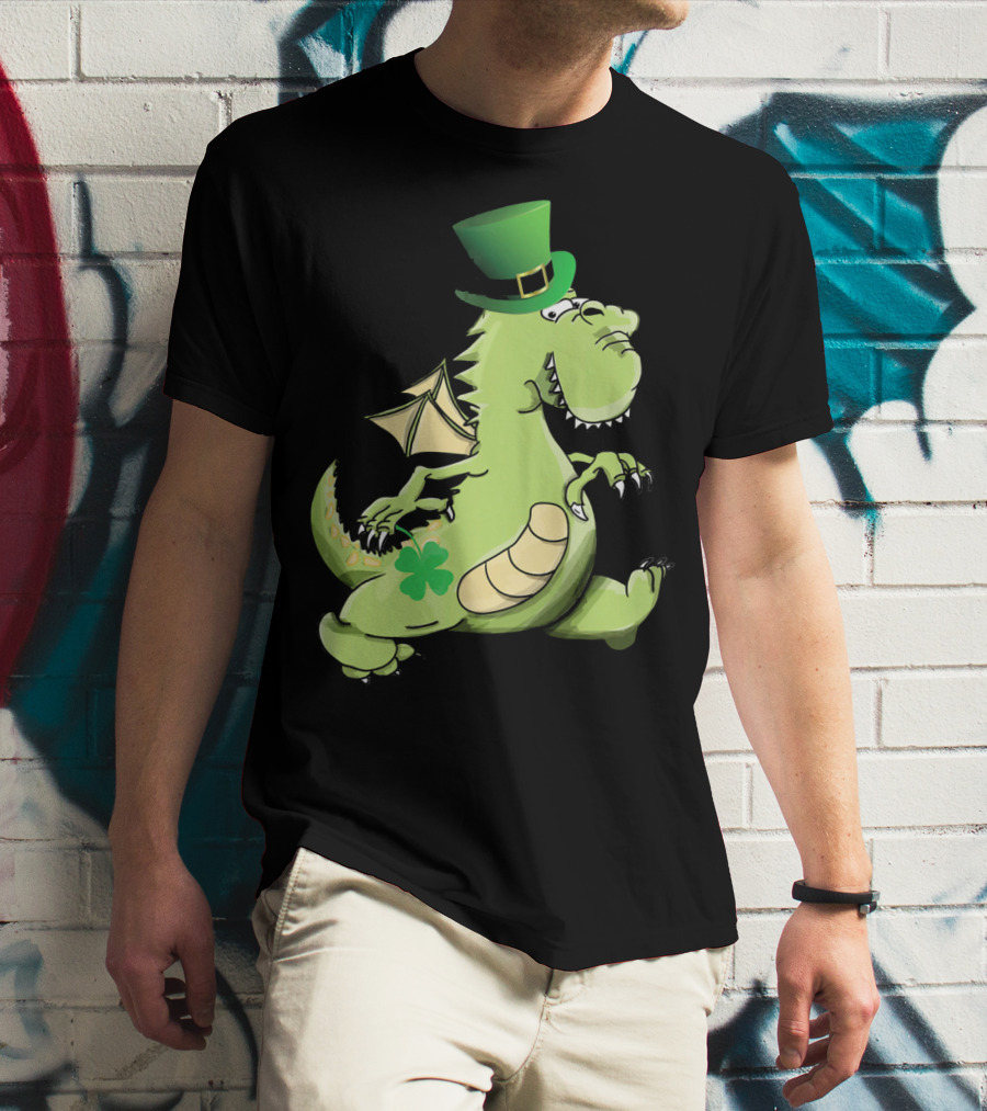 St Patrick's Day Dragon Wearing Leprechaun Hat With Shamrock T-Shirt
