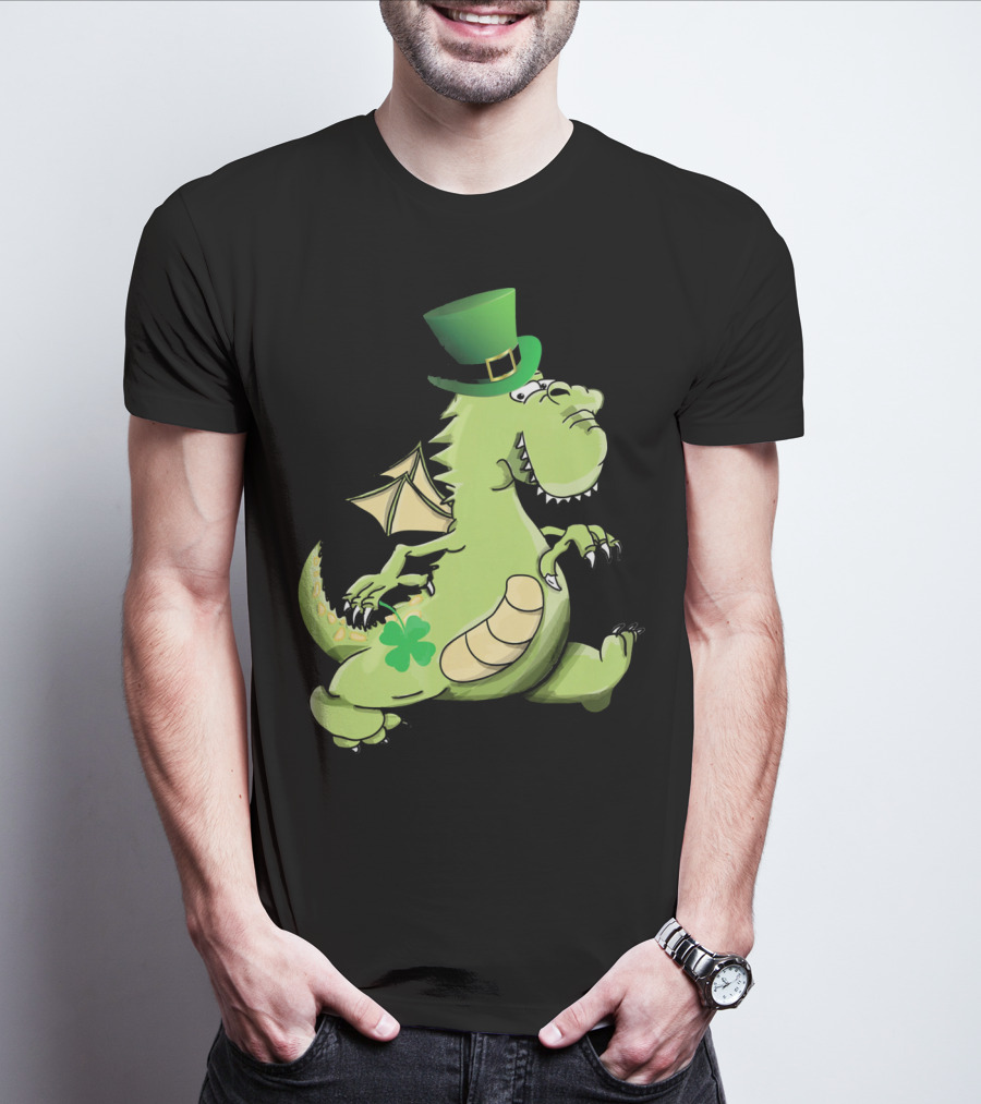 St Patrick's Day Dragon Wearing Leprechaun Hat With Shamrock T-Shirt