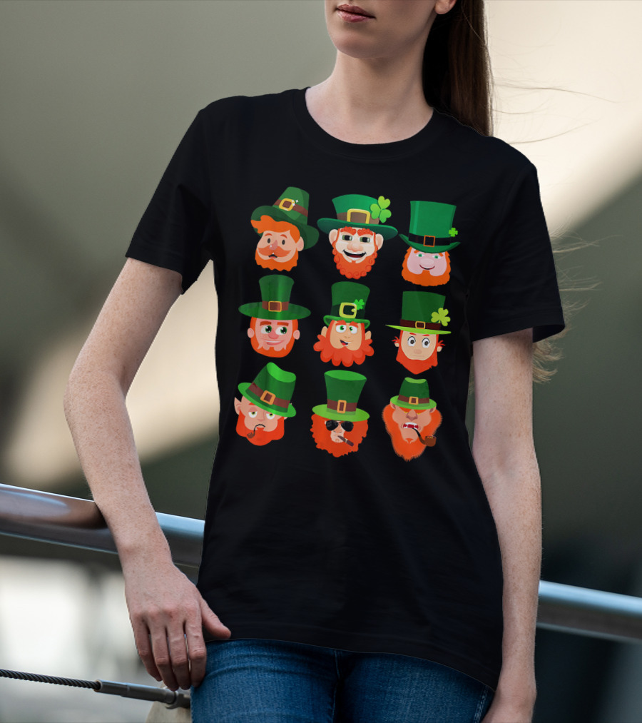 Funny Leprechaun Emotion Feeling Faces With Green Hats And Red Beards T-Shirt