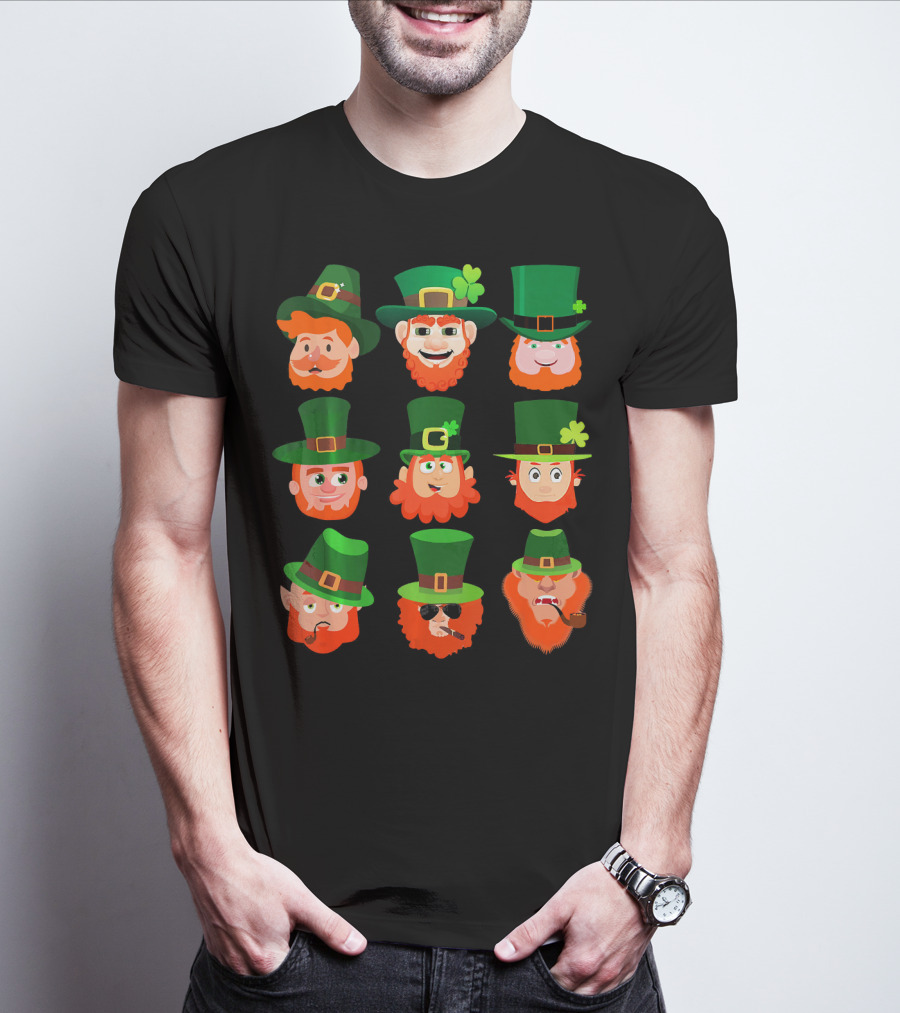 Funny Leprechaun Emotion Feeling Faces With Green Hats And Red Beards T-Shirt