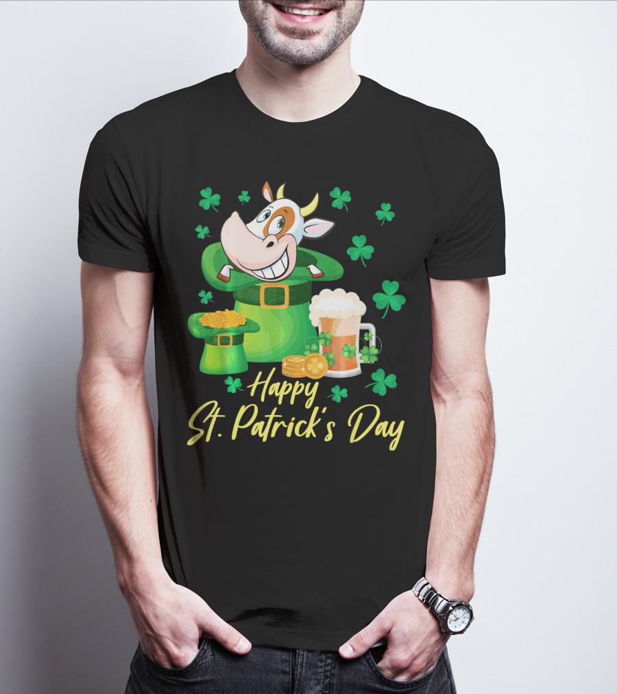 Happy St. Patrick's Day Cow Dancing In Leprechaun Hat With Gold Coins And Beer T-Shirt