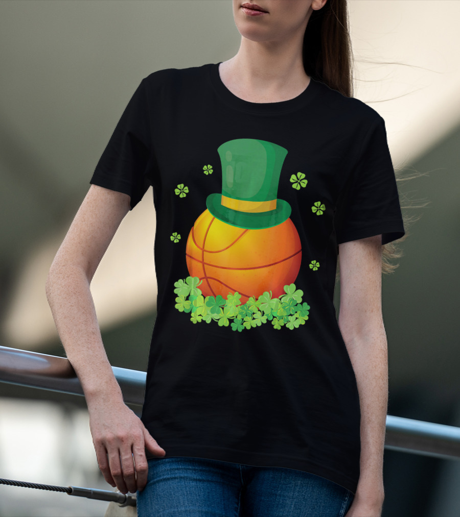 Basketball With Leprechaun Hat And Shamrocks Playing Around T-Shirt