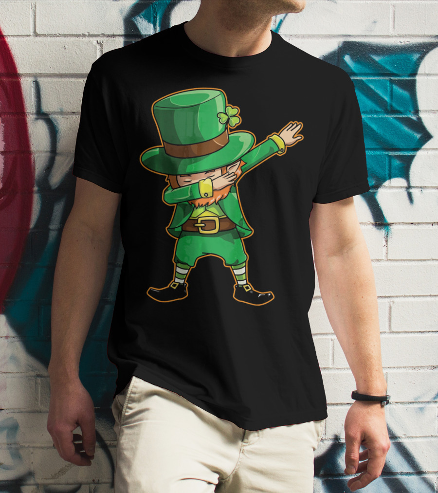 Funny Leprechaun Dabbing Dance Icon In Green Outfit And Hat T-Shirt