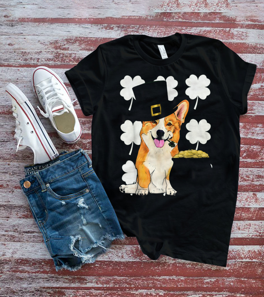 Irish Corgi St. Patricks Day Clover Leprechaun Hat And Pot Of Gold T-Shirt