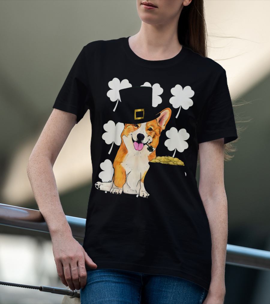 Irish Corgi St. Patricks Day Clover Leprechaun Hat And Pot Of Gold T-Shirt