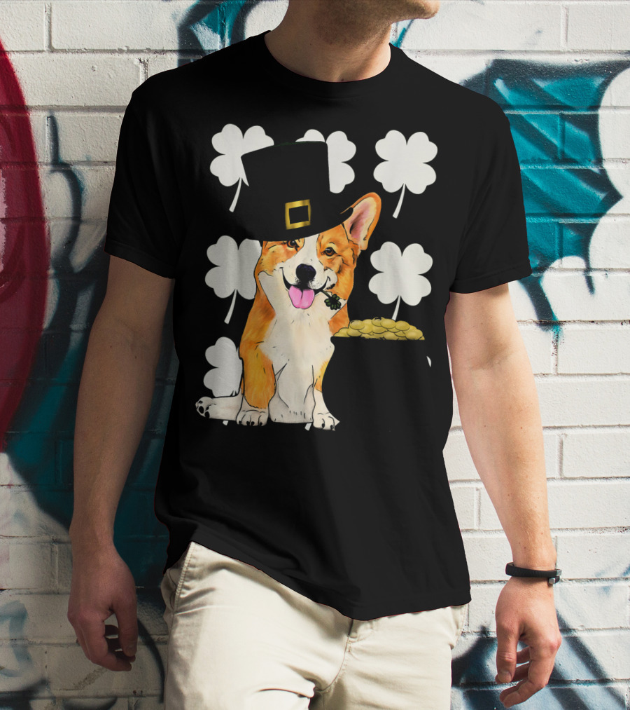 Irish Corgi St. Patricks Day Clover Leprechaun Hat And Pot Of Gold T-Shirt