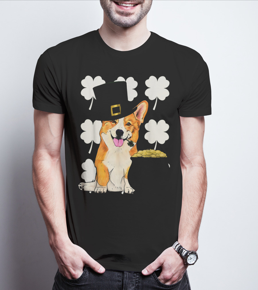 Irish Corgi St. Patricks Day Clover Leprechaun Hat And Pot Of Gold T-Shirt