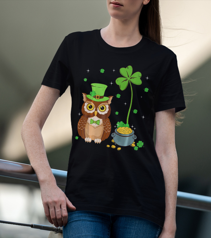 Shamrock Leprechaun Owl Pot Of Gold T-Shirt