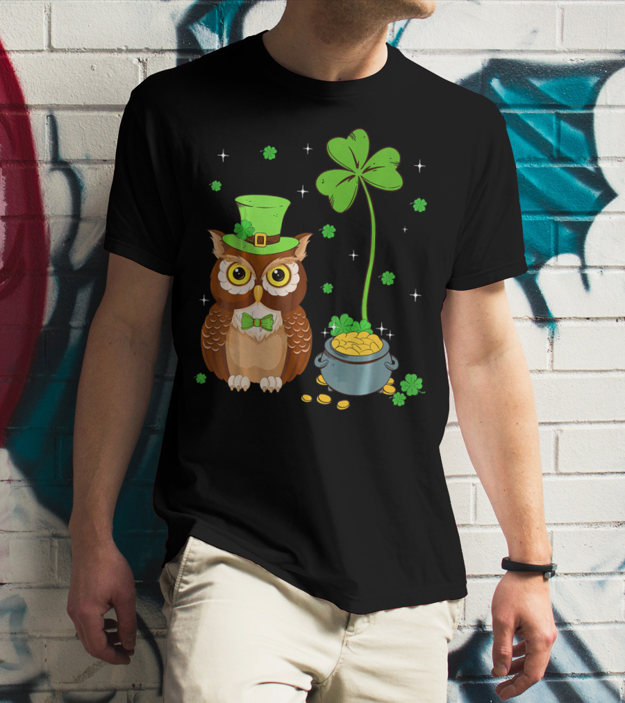 Shamrock Leprechaun Owl Pot Of Gold T-Shirt