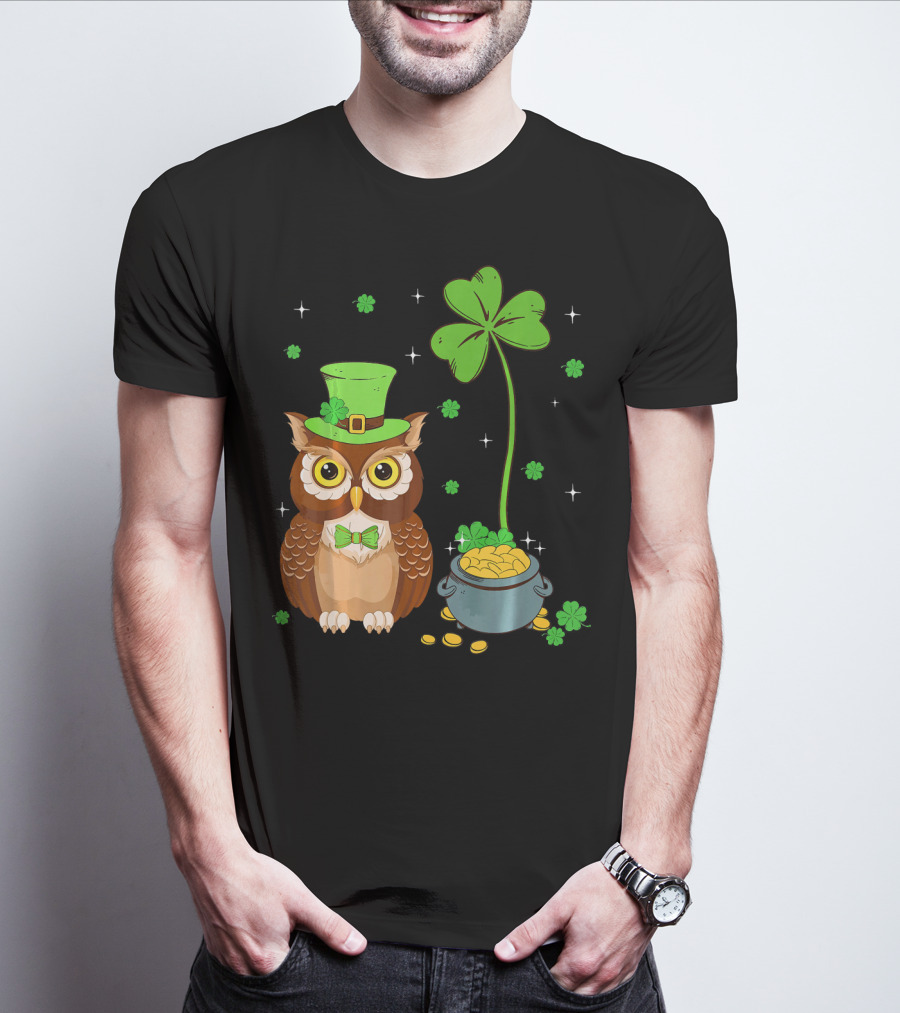 Shamrock Leprechaun Owl Pot Of Gold T-Shirt