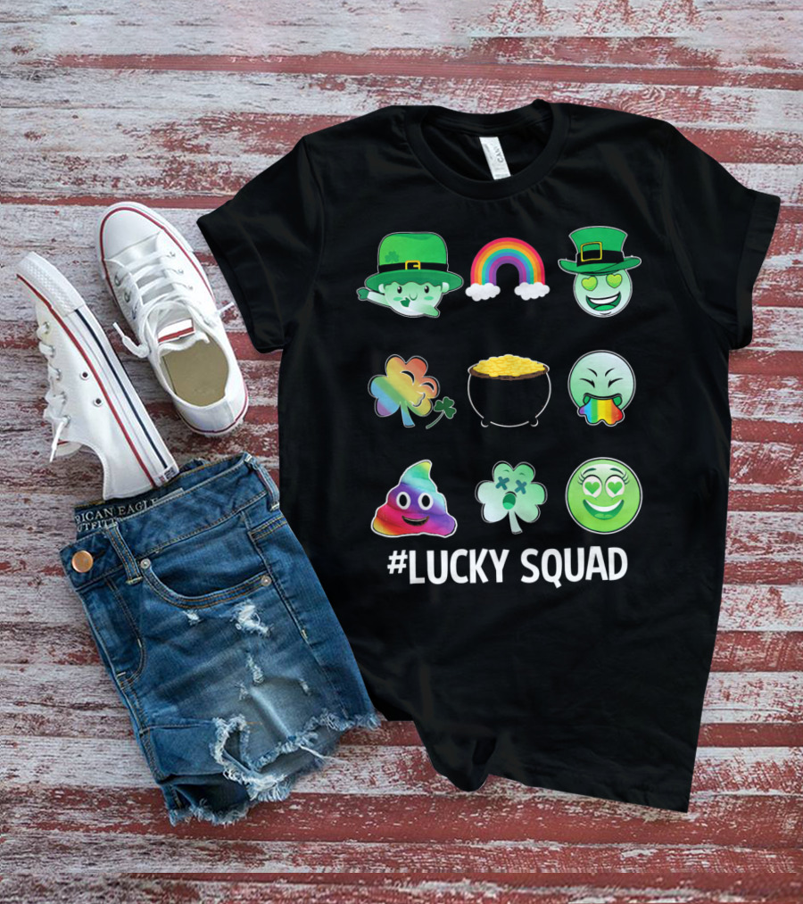 Lucky Squad St. Patricks Day Emoji Rainbow Clover Pot Of Gold T-Shirt