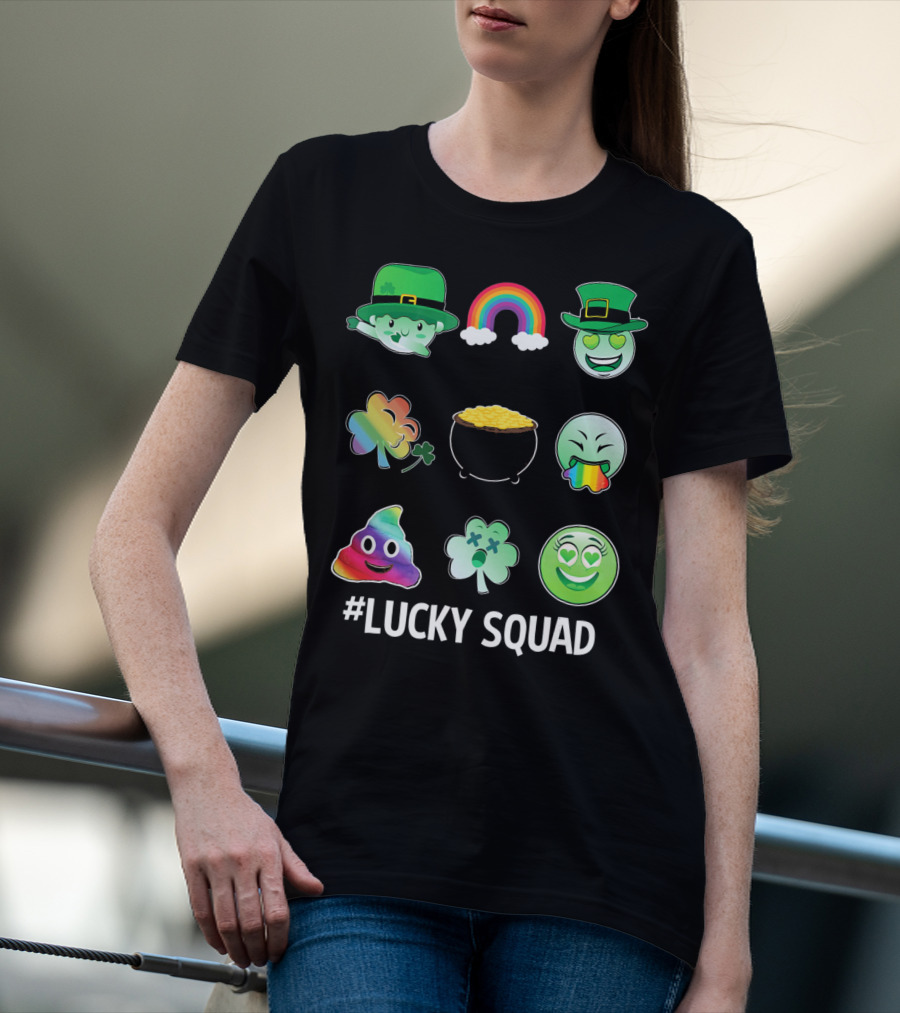 Lucky Squad St. Patricks Day Emoji Rainbow Clover Pot Of Gold T-Shirt