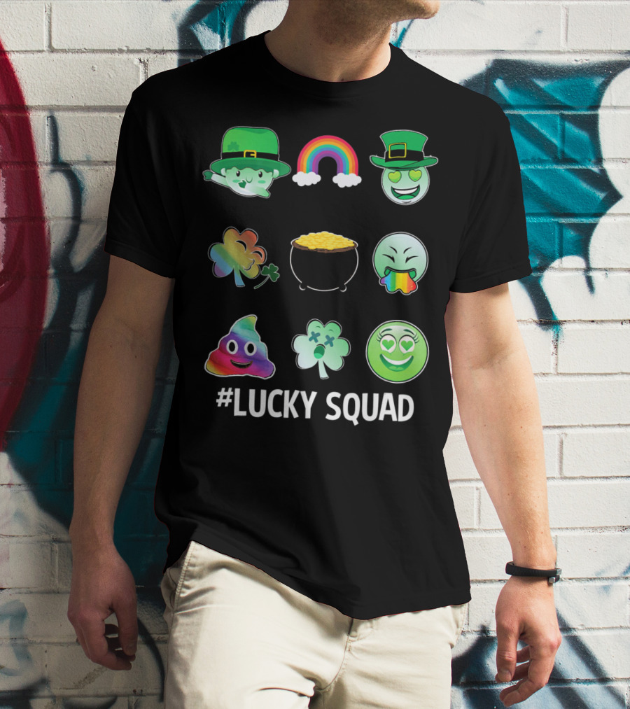 Lucky Squad St. Patricks Day Emoji Rainbow Clover Pot Of Gold T-Shirt