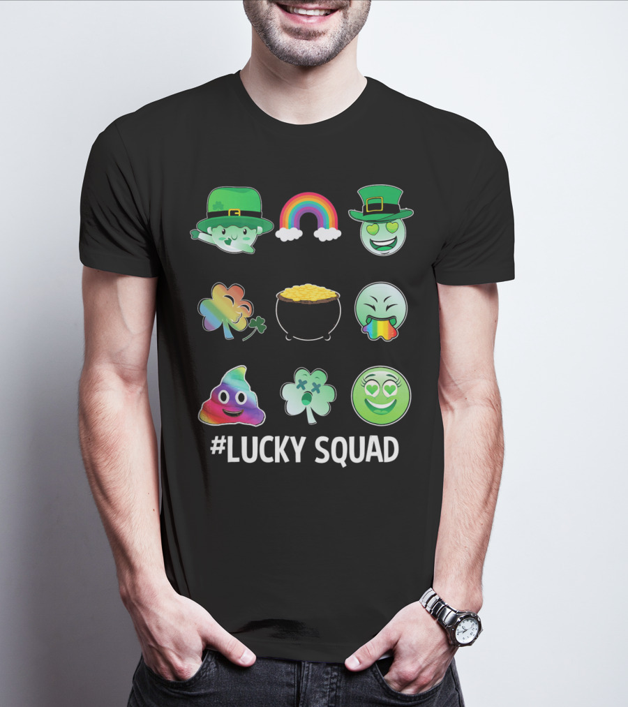 Lucky Squad St. Patricks Day Emoji Rainbow Clover Pot Of Gold T-Shirt
