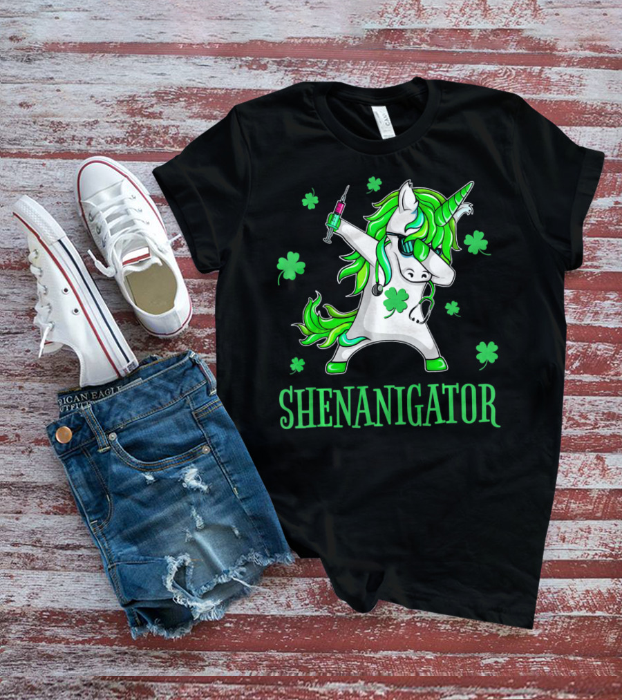 Unicorn Dabbing Shenanigator With Shamrocks And Syringe T-Shirt