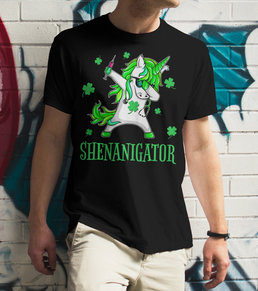 Unicorn Dabbing Shenanigator With Shamrocks And Syringe T-Shirt