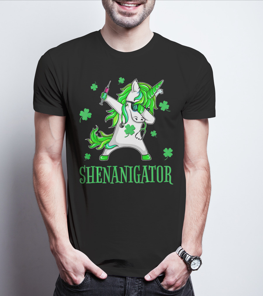 Unicorn Dabbing Shenanigator With Shamrocks And Syringe T-Shirt