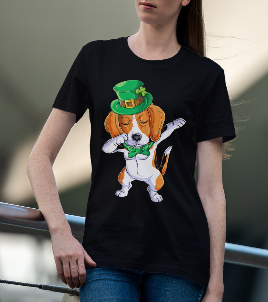 Dabbing Beagle St Patricks Day Boys Leprechaun Hat Bow Tie Shamrock T-Shirt