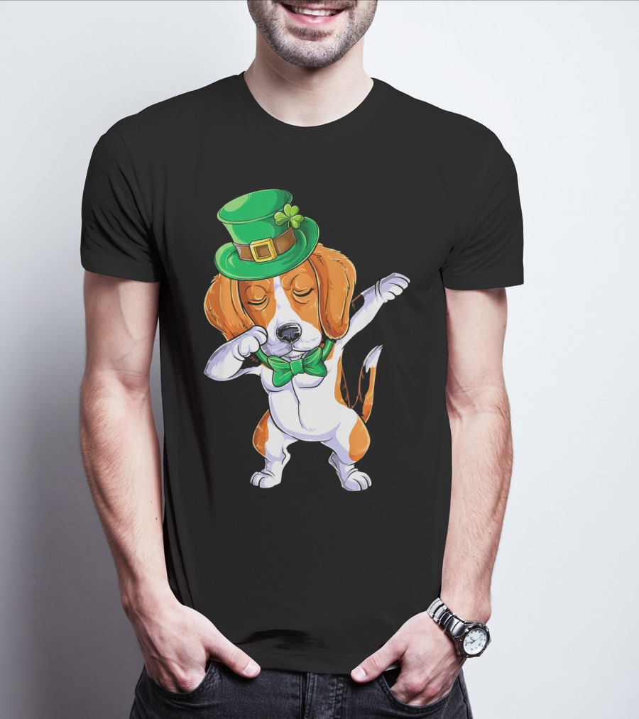 Dabbing Beagle St Patricks Day Boys Leprechaun Hat Bow Tie Shamrock T-Shirt