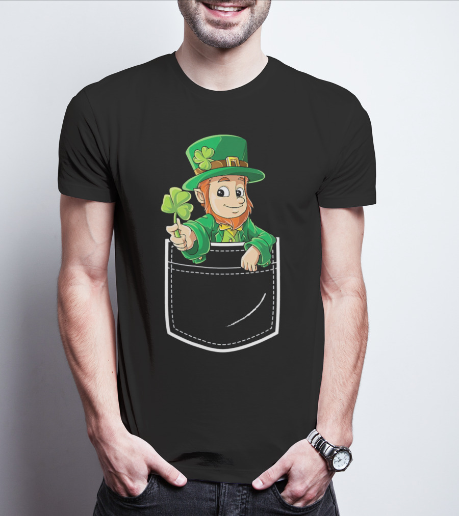Leprechaun Holding Shamrock In Pocket For St Patricks Day T-Shirt