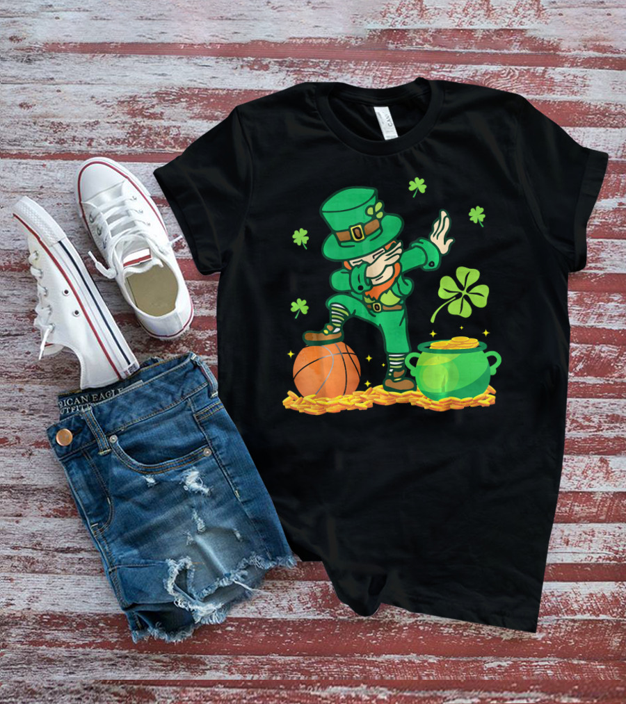 Leprechaun Dab With Basketball And Pot Of Gold Filled With Coins And Shamrocks T-Shirt