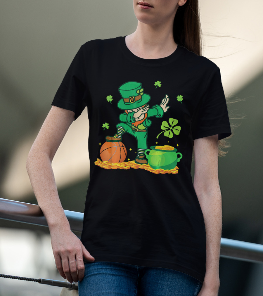 Leprechaun Dab With Basketball And Pot Of Gold Filled With Coins And Shamrocks T-Shirt