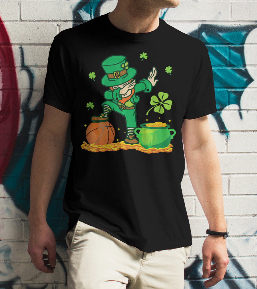 Leprechaun Dab With Basketball And Pot Of Gold Filled With Coins And Shamrocks T-Shirt