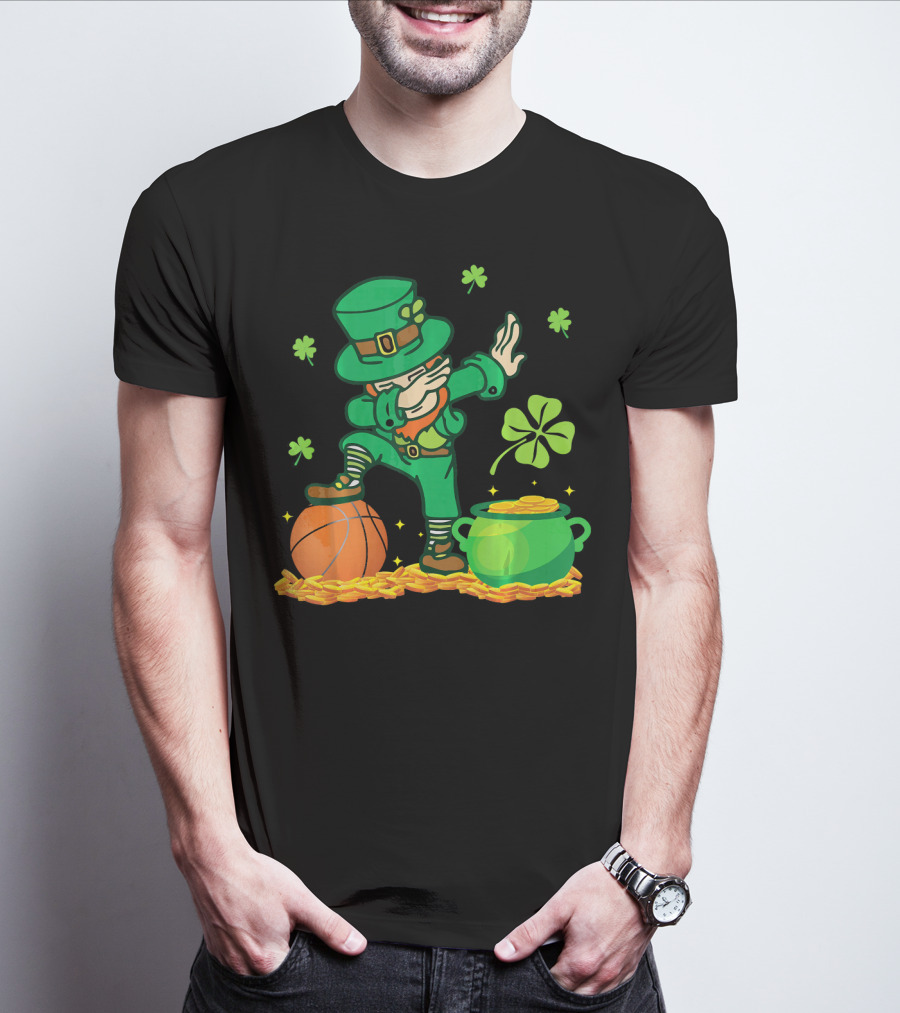 Leprechaun Dab With Basketball And Pot Of Gold Filled With Coins And Shamrocks T-Shirt
