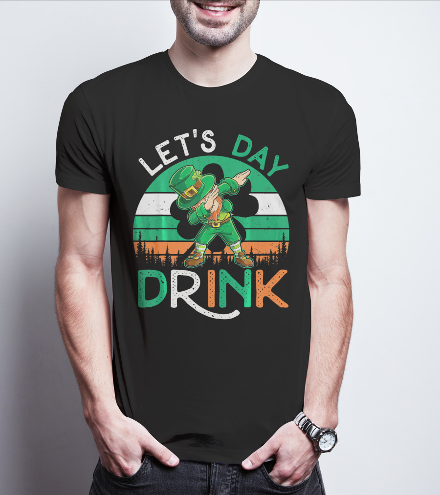 Let's Day Drink Leprechaun Dabbing Shamrock Ireland Flag T-Shirt