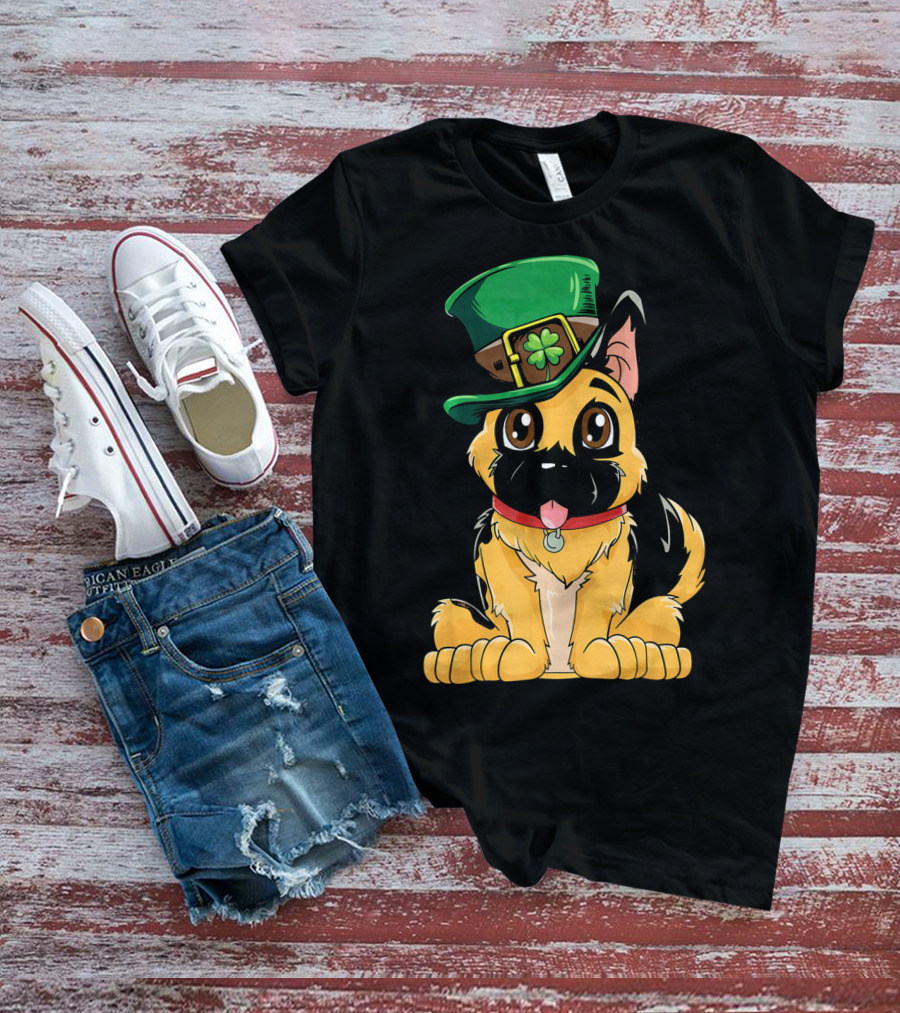German Shepherd Wearing Leprechaun Hat With Clover T-Shirt