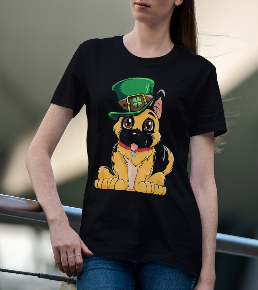 German Shepherd Wearing Leprechaun Hat With Clover T-Shirt